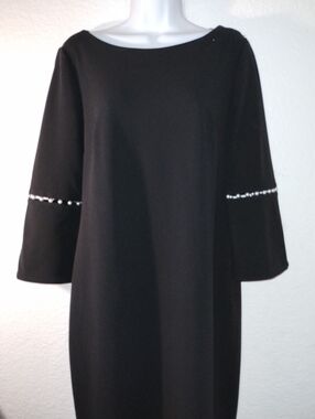 Calvin Klein Classic Black Shift Dress with Beaded Pearl Sleeve Detail Size 12